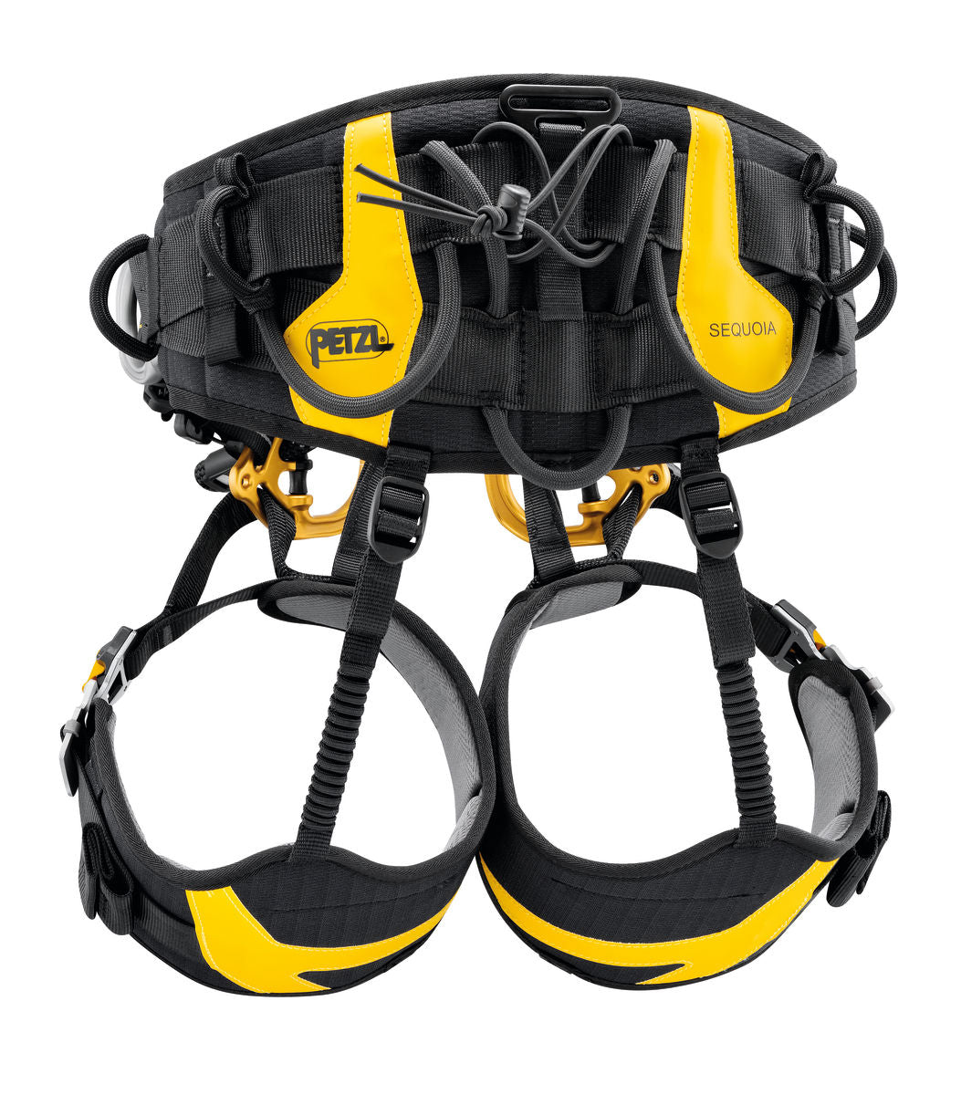 Black and yellow Petzl climbing harness on a white background