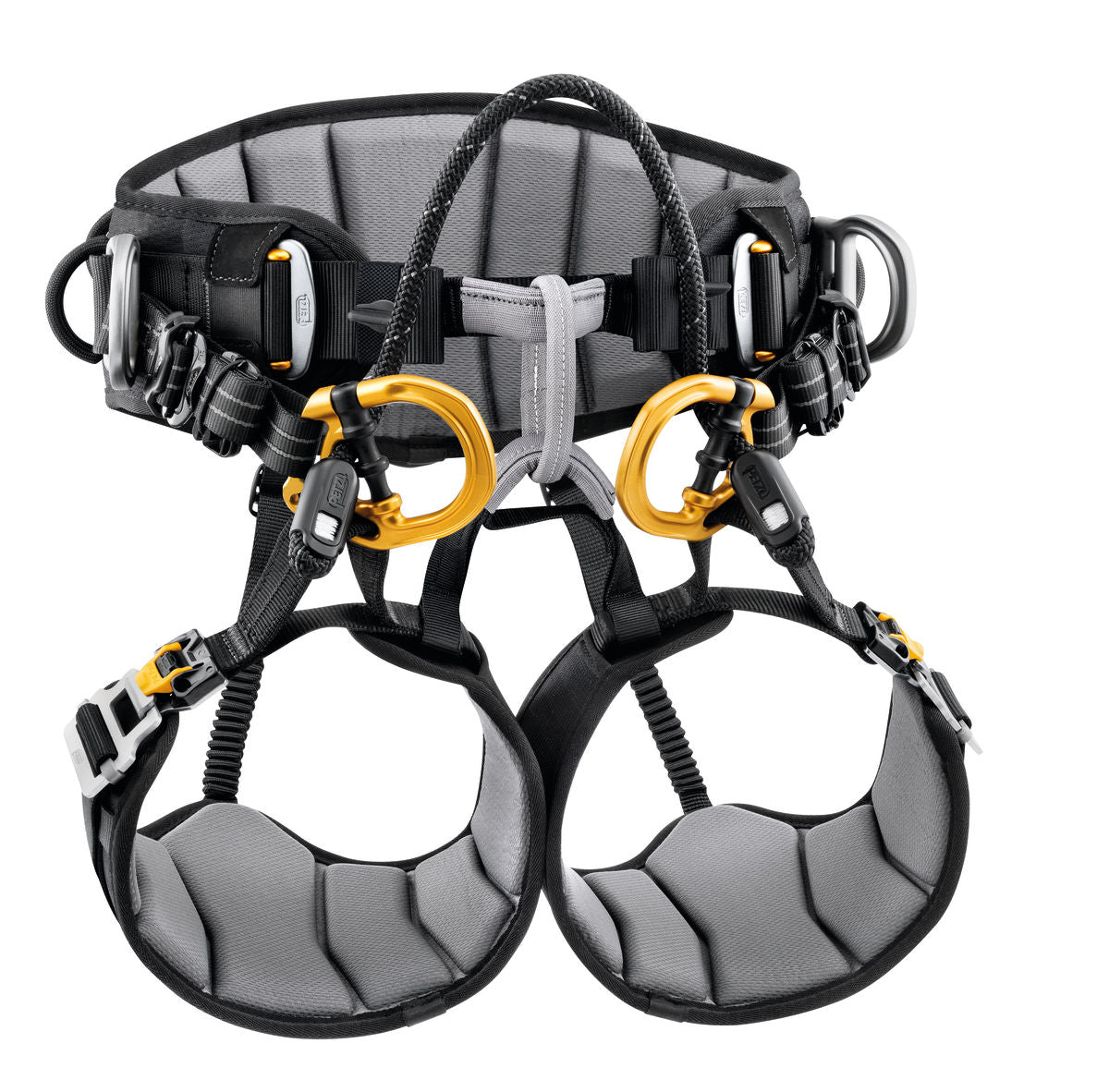 Gray and black climbing harness with gold hardware on a white background