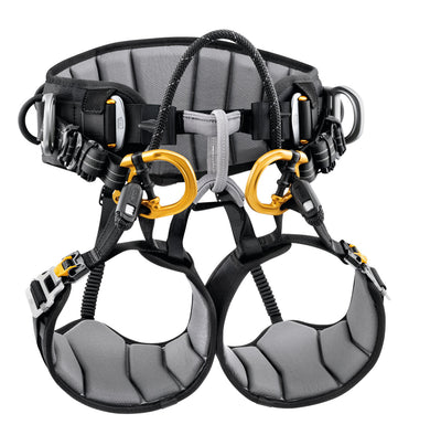Gray and black climbing harness with gold hardware on a white background