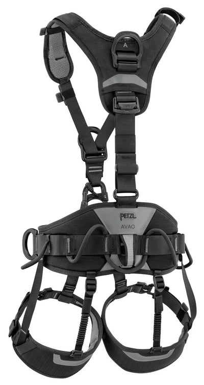 Black climbing harness with Petzl logo on a white background