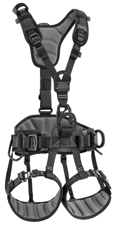 Black safety harness on a white background