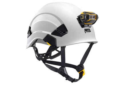 White helmet with black and yellow accents featuring a Petzl logo on a white background