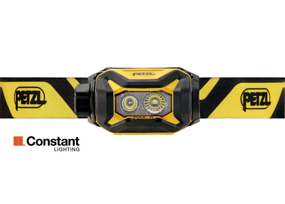 Yellow and black headlamp with Petzl branding on a white background