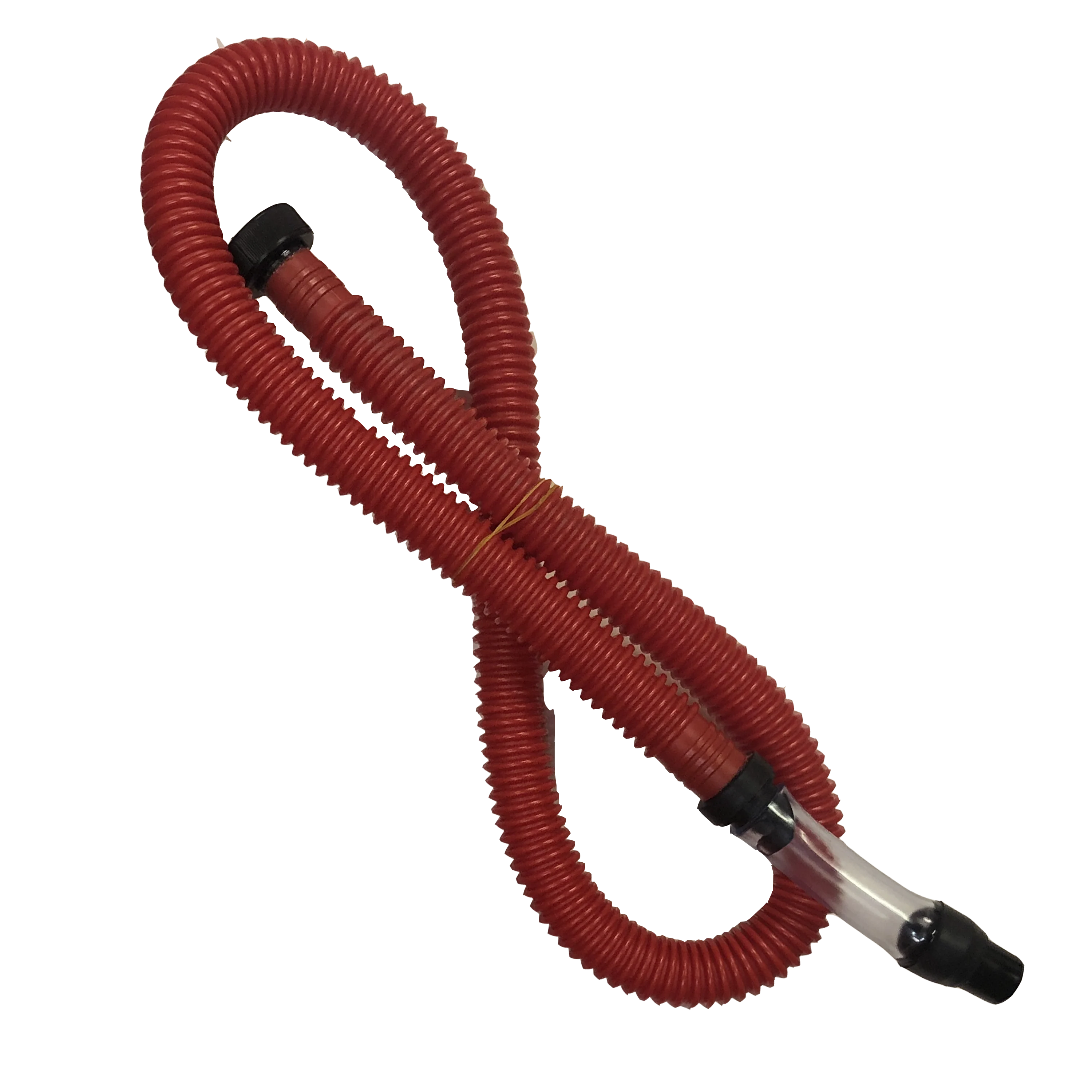 Red flexible hose with black connectors on a white background