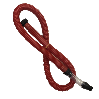 Red flexible hose with black connectors on a white background