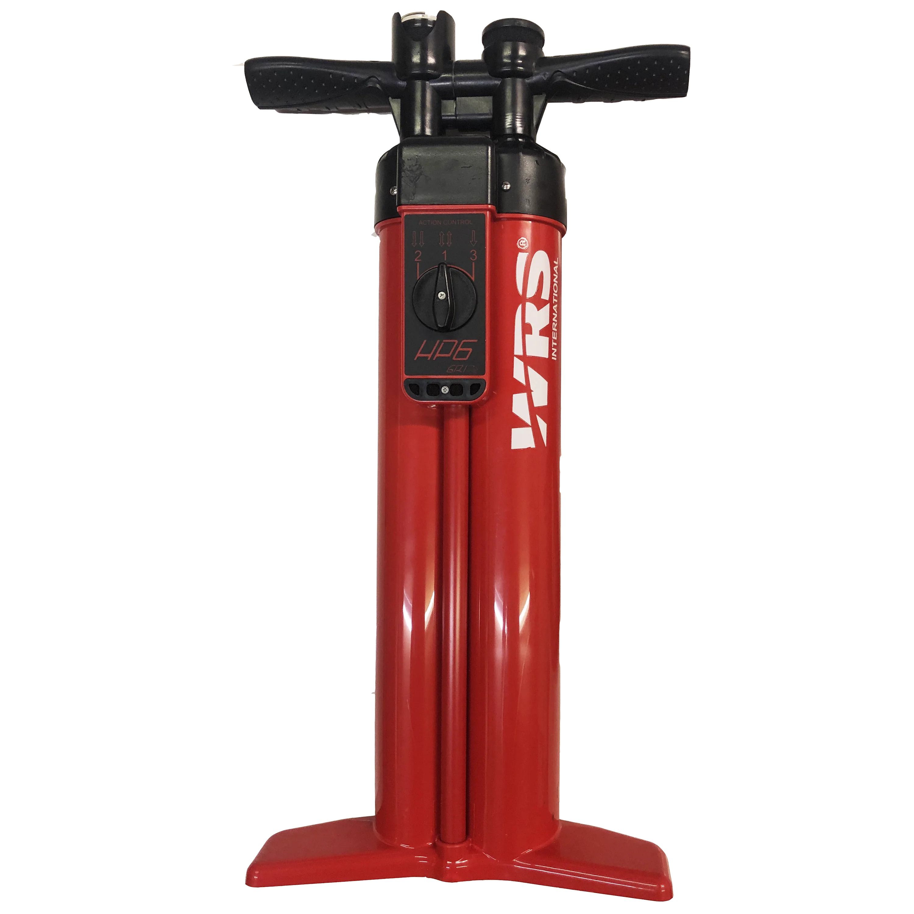 Red bicycle pump with black accents on a white background