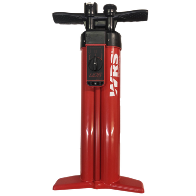 Red bicycle pump with black accents on a white background
