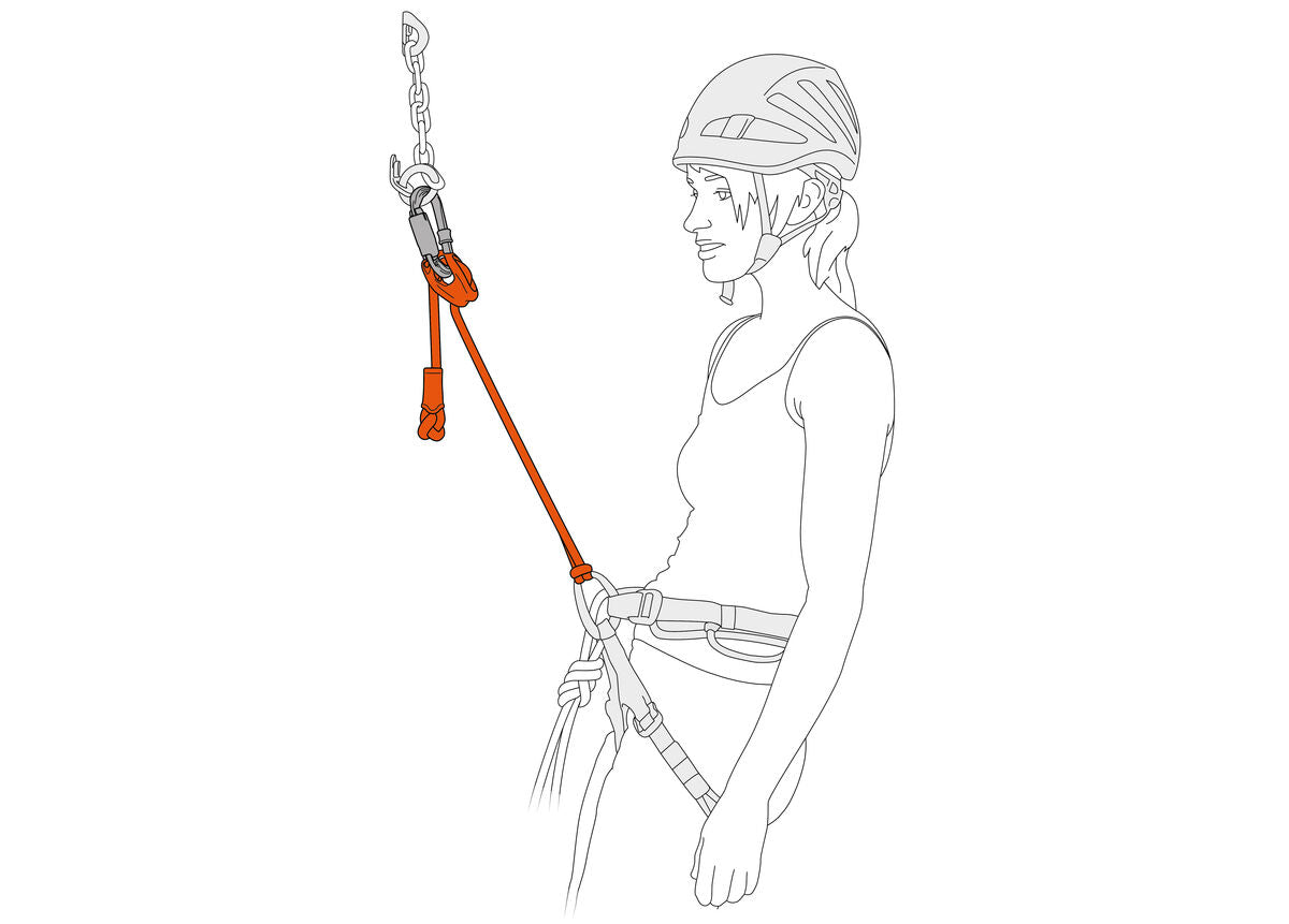 Illustration of a person wearing climbing gear with a helmet and harness, holding a rope and climbing tool.