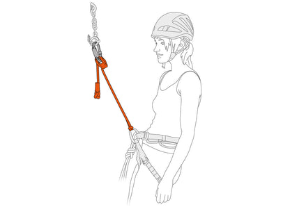 Illustration of a person wearing climbing gear with a helmet and harness, holding a rope and climbing tool.