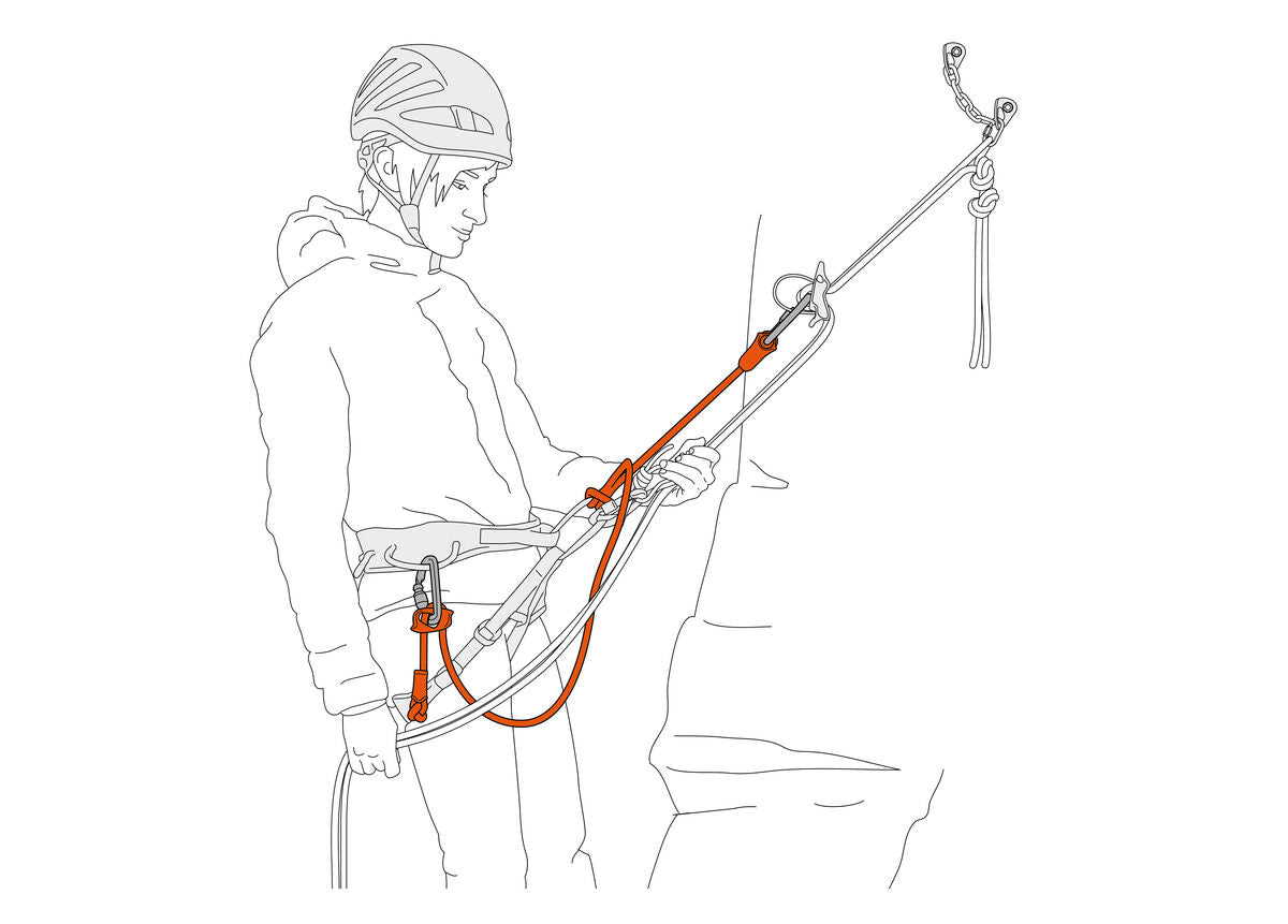 Line drawing of a person using a safety harness with a rope and helmet on a white background