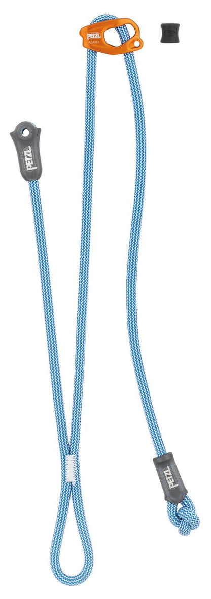 Blue climbing rope with orange and gray carabiners on a white background