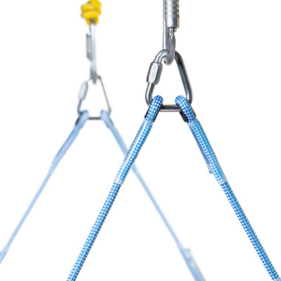Blue and white striped rope swing with carabiners on a white background