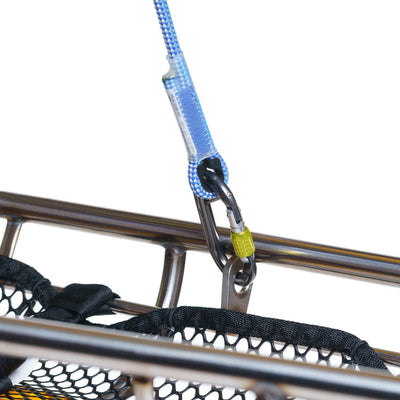 Close-up of a metal ladder with a blue rope and carabiner on a white background