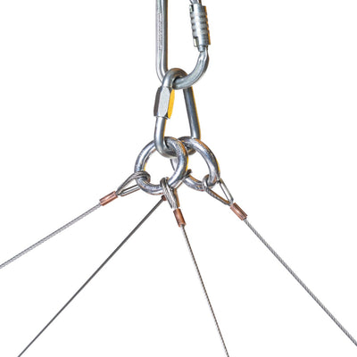 Metallic hook with multiple cables on a white background