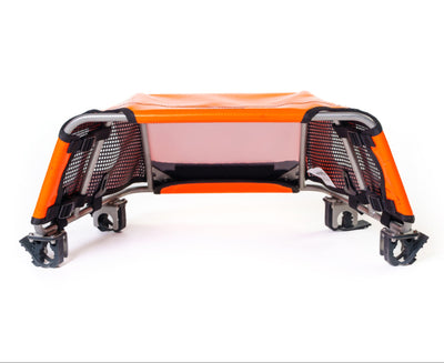 Orange and black mechanical device on a white background