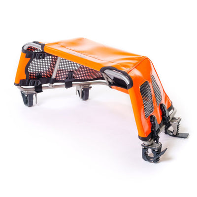 Orange and black mechanical component on a white background