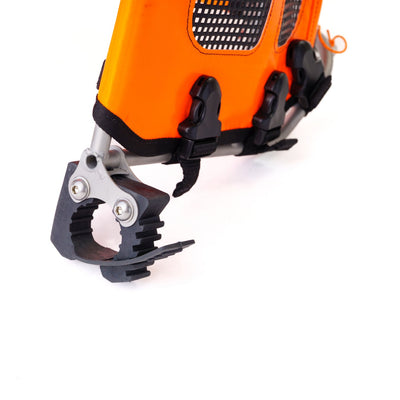 Orange tool with multiple attachments on a white background