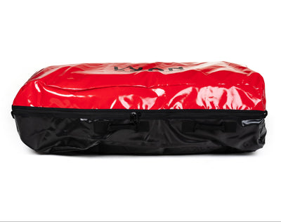 Red and black bag with visible branding on a white background