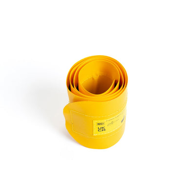 Yellow measuring tape on a white background
