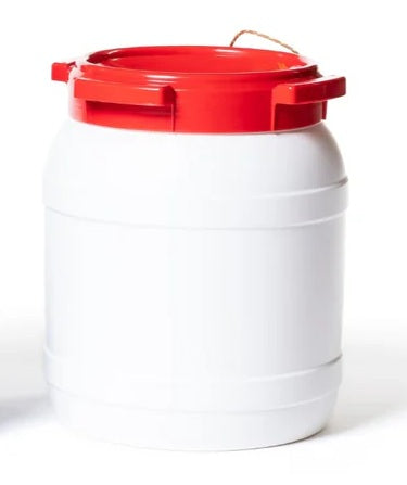 White container with a red lid on a white background