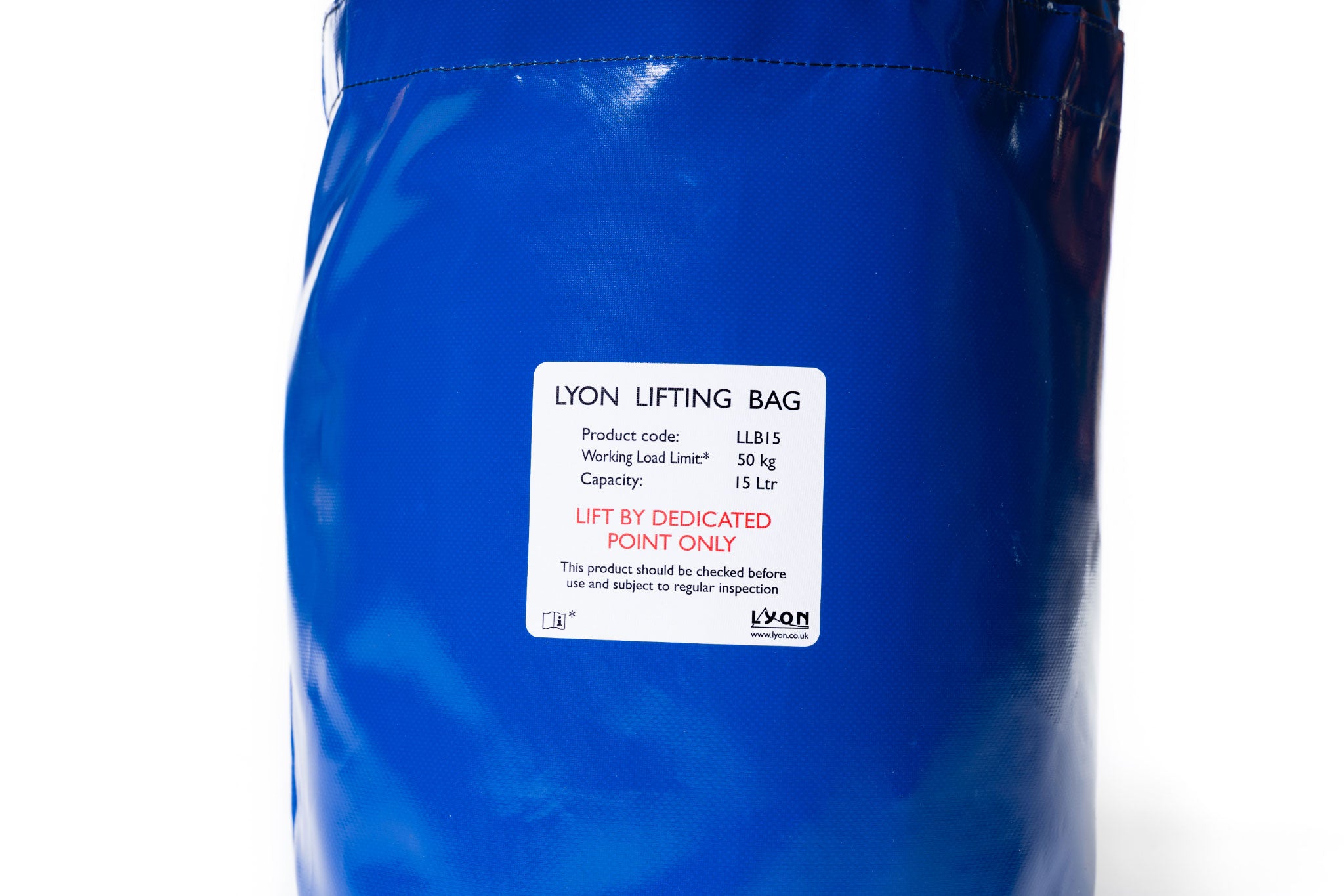 Blue lifting bag with a label on a white background