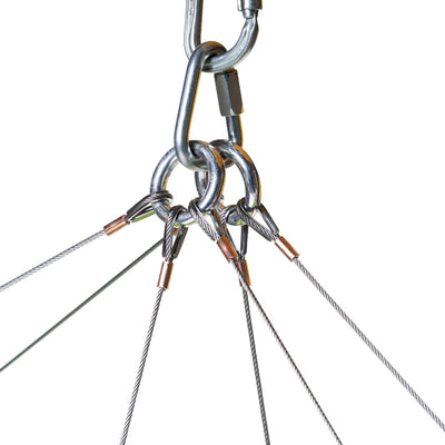 Close-up of a metal hook with ropes on a white background