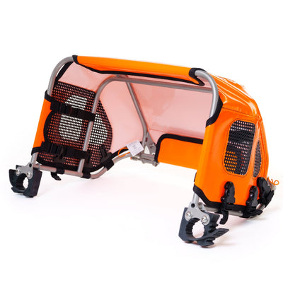 Orange and black dog carrier with clear plastic window on a white background