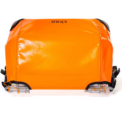 Orange suitcase with wheels on a white background