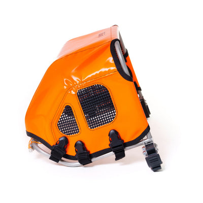 Orange and black backpack with a textured front panel on a white background