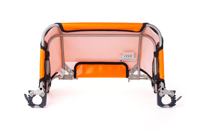 Orange and clear bag with metal brackets on a white background