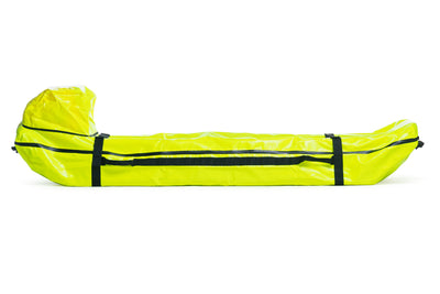 Yellow kayak carrying case with black straps on a white background