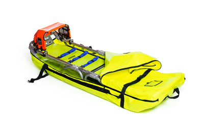 Yellow inflatable boat with orange roof on a white background