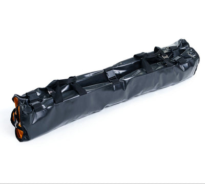 Black waterproof bag with orange accents on a white background