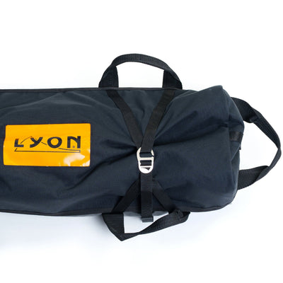 Black bag with a yellow 'LYON' logo on a white background