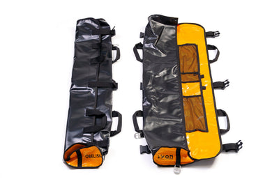 Two black and orange bags with visible branding on a white background