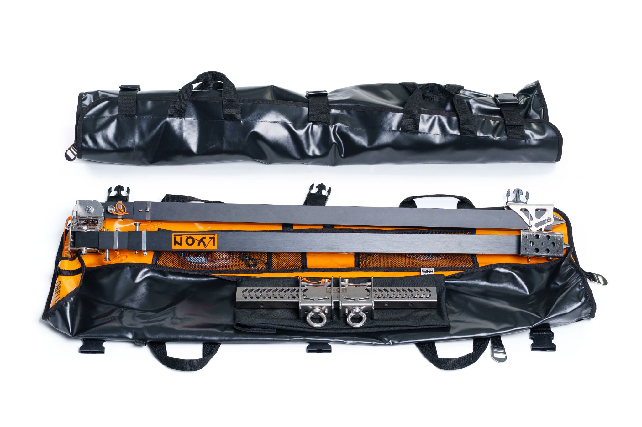 Two black carrying bags with metal equipment inside on a white background