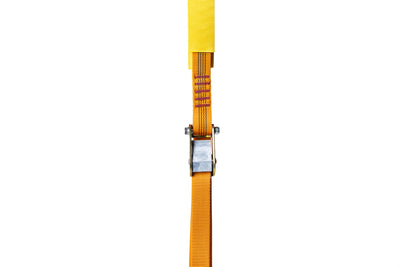 Yellow webbing strap with a metal buckle on a white background