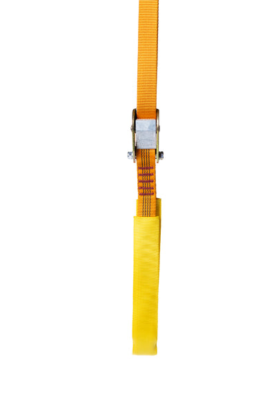 Yellow ratchet strap on a white background