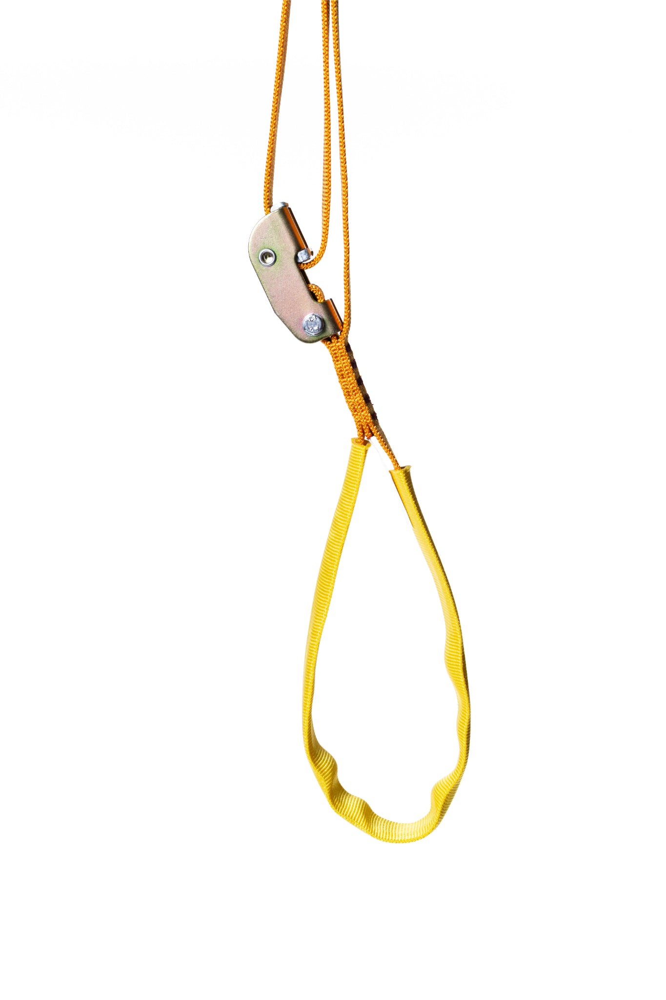 Yellow sling with a metal carabiner on a white background