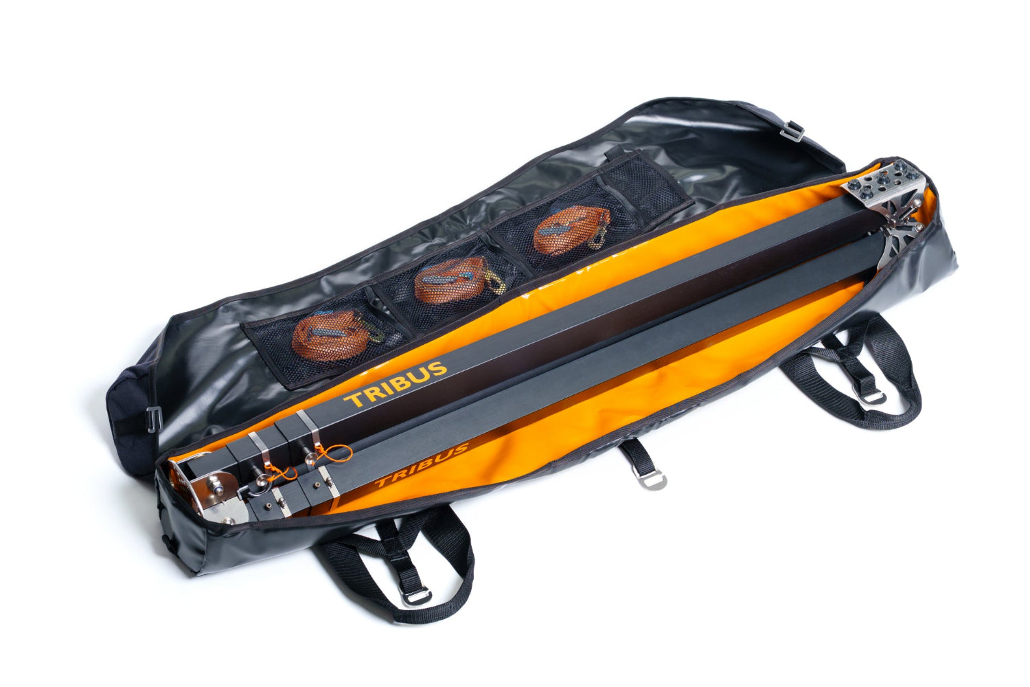 Orange and black Tribus snowboard bag on a white background