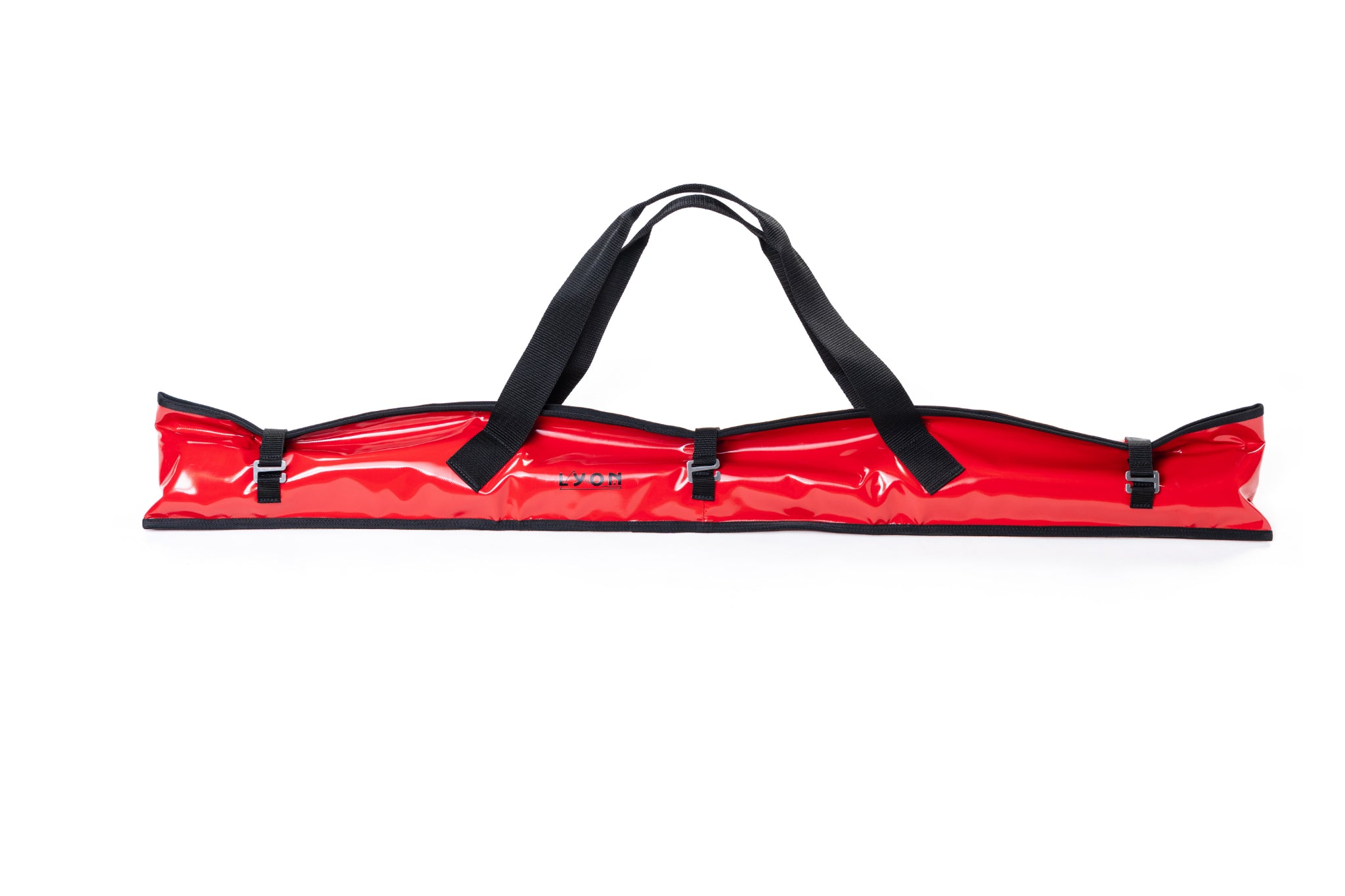 Red ski bag with black straps on a white background