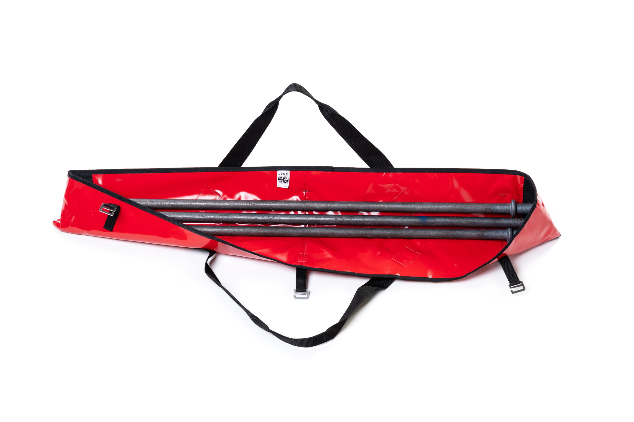 Red carrying case with black handles and straps on a white background