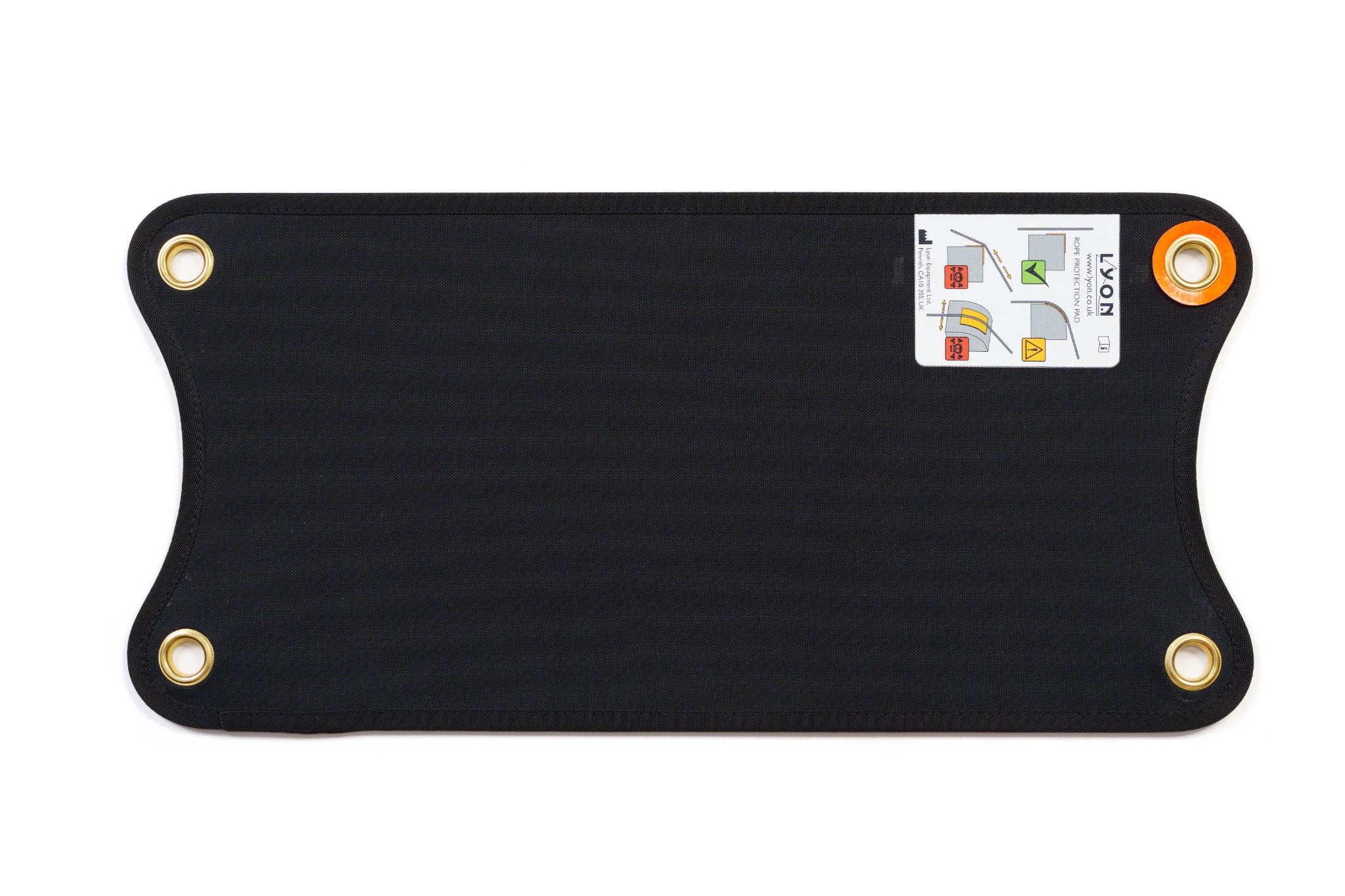 Black rectangular mat with orange corners and a label on a white background