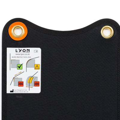 Black rope protection pad with gold eyelets and a Lyon brand label on a white background