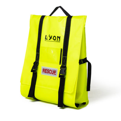 Yellow backpack with 'LYON RESCUE' text on a white background