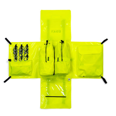 Set of yellow rain gear with zippers and hooks on a white background