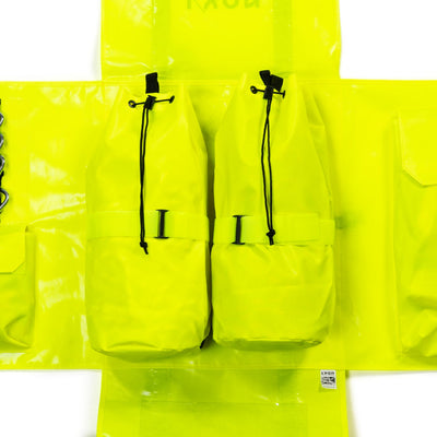 Two neon yellow rain ponchos with black drawstrings on a white background