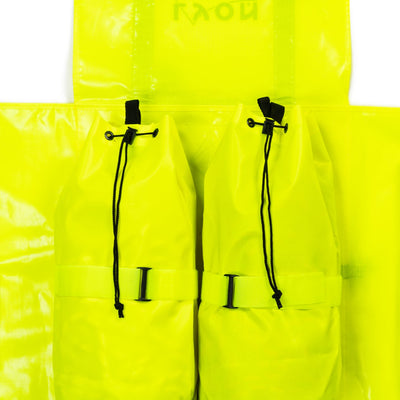 Neon yellow raincoat with black drawstrings on a white background