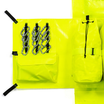 Neon yellow bags with black carabiners on a white background