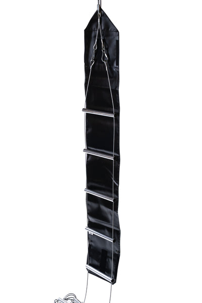 Black hanging shoe organizer with multiple compartments on a white background